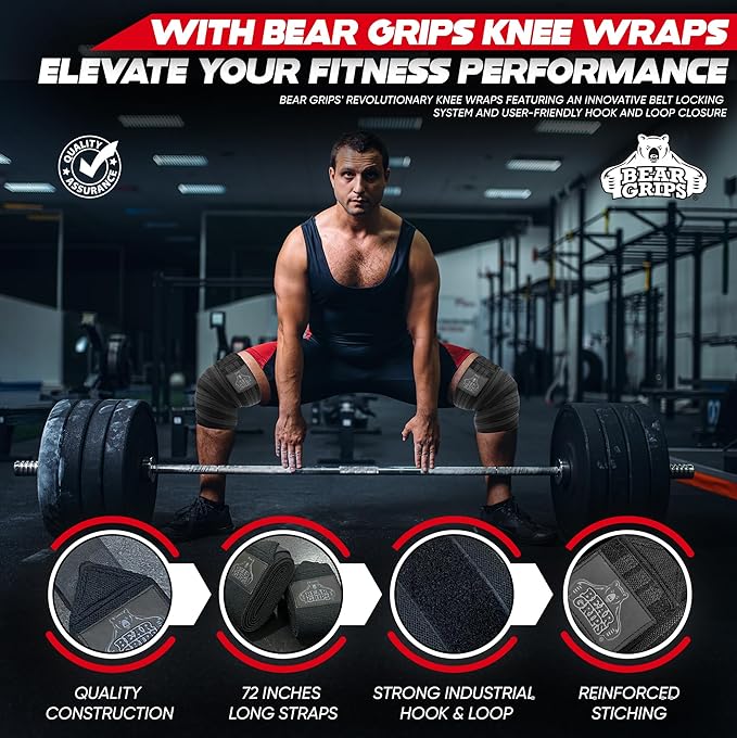 Bear Grips Knee Wraps - Heavy Duty Knee Brace Pair Compression and Elastic Support for Squats, Weightlifting, Powerlifting - Home Gym Workout Equipment Knee Support for Men and Women (Black and Gray)