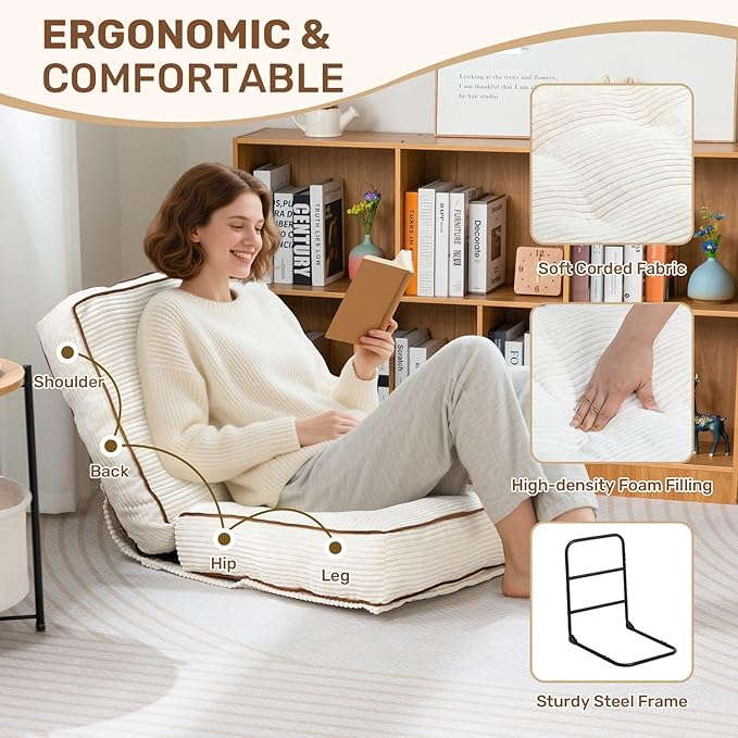 HollyHOME Adjustable Floor Chair with 6 Positions, Folding Lazy Sofa Recliner with Back Support, Thick Sponge Cushion and Portable Handle, Comfy Gaming Meditation Chair for Dorm, Bedroom, Beige