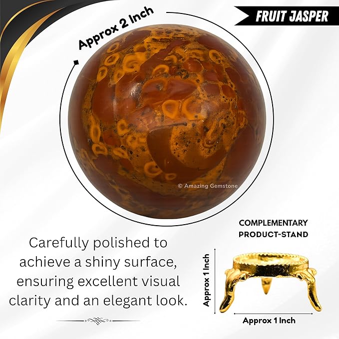 Amazing Gemstone Fruit Jasper Crystal Ball with Stand - 2 Inches Crystal Sphere Meditation Balls for Witchcraft and Decorative Balls