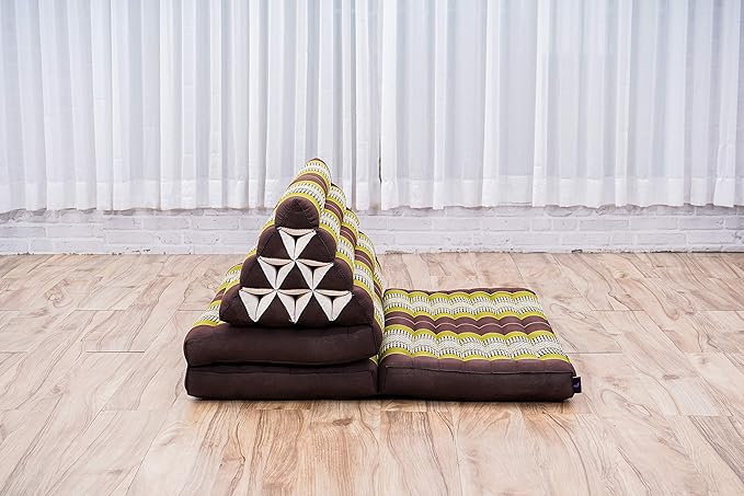 Leewadee 3-Fold Mat XXL with Triangle Cushion – Firm TV Pillow, Foldable Mattress with Cushion Made of Kapok, 67 x 31 inches, Brown Green