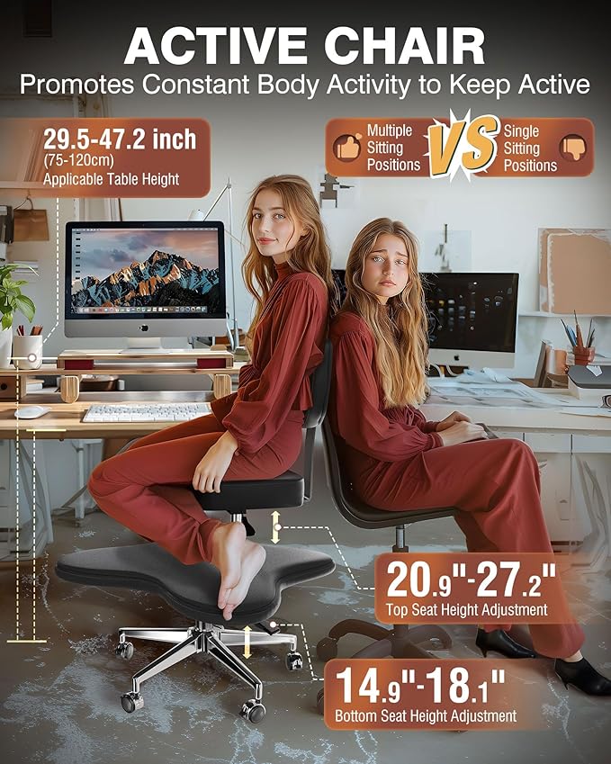 PYY Cross Legged Office Chair - ADHD Chairs for Adults Meditation with Wheels, Kneeling Chair Adjustable Height Ergonomic Fidget Squatting for Home and Office Black