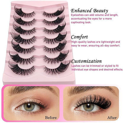 MIKIWI Wispy Strip Lashes Clear Band Fluffy Faux Mink Eyelashes Cat Eye Lashes 7 Pairs False Eyelashes（GL01）