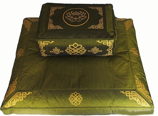 Meditation Cushion Set Rectangular Zafu Pillow Zabuton - Silkscreen Sacred Symbol Lotus Enlightenment Olive Green