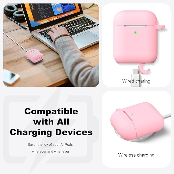 R-fun Compatible with AirPods Case Cover, Soft Silicone Protective Cover with Keychain for Women Men Compatible with Apple AirPods 2nd 1st Generation Charging Case, Front LED Visible,Pink