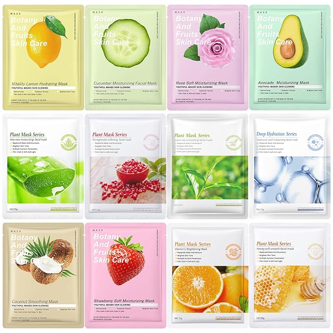 12 Pack Variety Face Masks Skincare for Women Sheet Face Mask for Kids Teens Girls, Hydrating Face Masks for All Skin Types, Bulk Face Mask Set Birthday Spa Party Gift for Kids Teens Girls Women