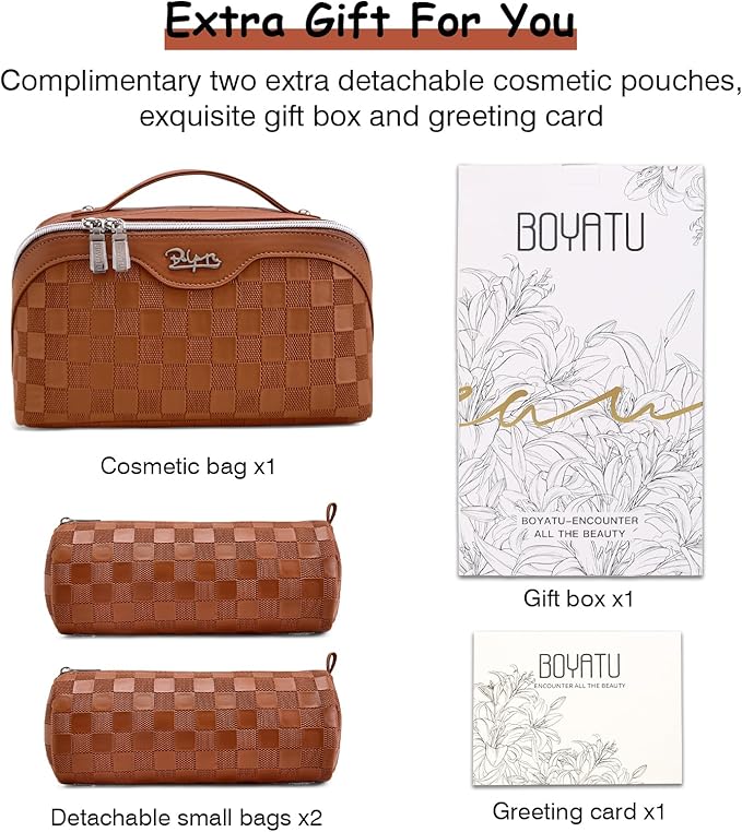 BOYATU Travel Makeup Bag Organizer Cosmetic Bag: 3 Pcs Set Make up Bags for Women with Handle - Waterproof Vegan Leather Toiletry Bags Travel Essentials Pouch with Compartments (C-10-tan)
