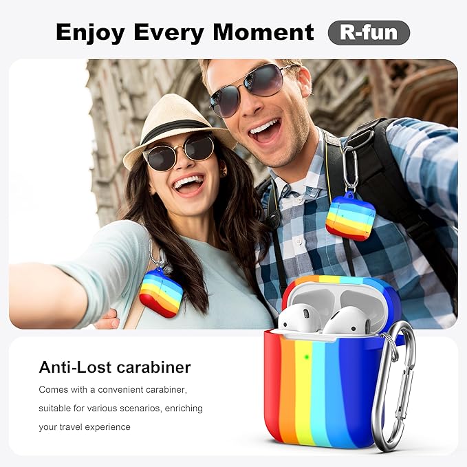 R-fun Compatible with AirPods Case Cover, Soft Silicone Protective Cover with Keychain for Women Men Compatible with Apple AirPods 2nd 1st Generation Charging Case, Front LED Visible,Rainbow