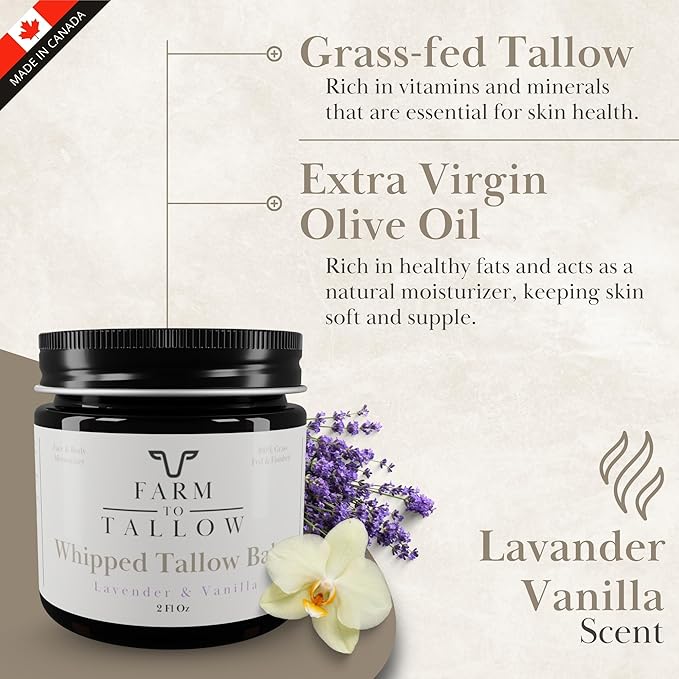 FARM TO TALLOW 100% Grass-Fed Beef Tallow for Skin, Face & Body – Lavender Vanilla Moisturizer Made with Olive Oil – Gentle & Hydrating Natural Skincare Cream for Dry, Sensitive Skin – 2 Oz