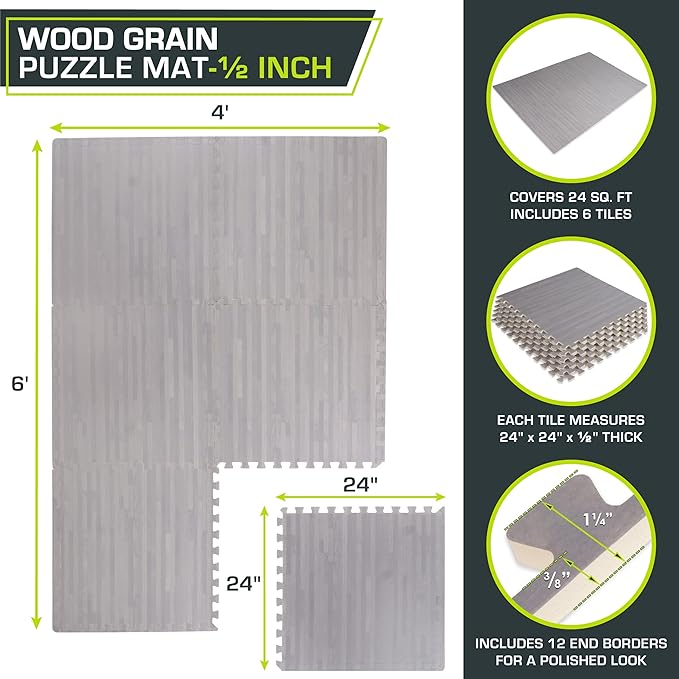ProsourceFit Wood Grain Puzzle Mat 1/2-in, 6 EVA Foam Interlocking Floor Tiles (24SQ FT) for Secure Indoor Room Workout Flooring and Playmat, Dark Oak