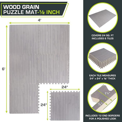 ProsourceFit Wood Grain Puzzle Mat 1/2-in, 6 EVA Foam Interlocking Floor Tiles (24SQ FT) for Secure Indoor Room Workout Flooring and Playmat, Dark Oak