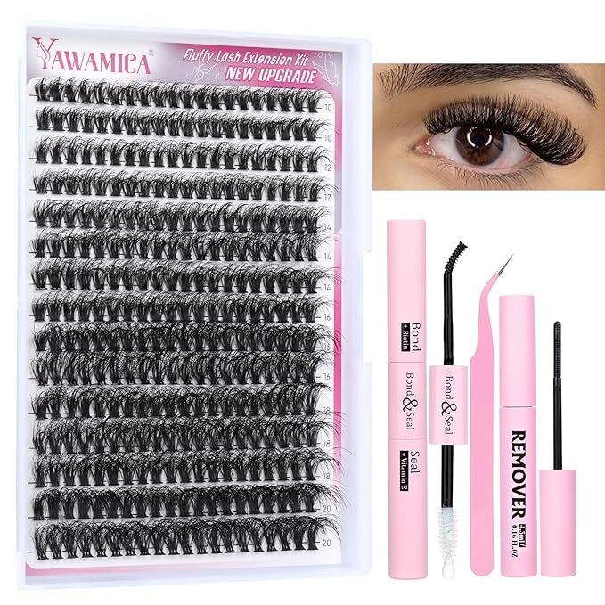 Yawamica Fluffier Eyelash Extension Kit Mink Lash Clusters 300pcs Individual Lashes Kit 50D Volume 10-20mm Lash Extension Kit with Bond and Seal and Lash Remover and Lash Tools DIY Lash Kit