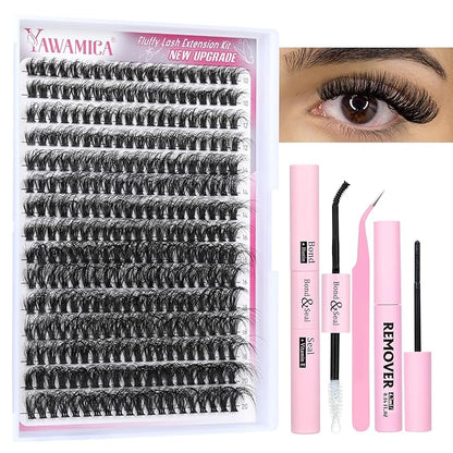 Yawamica Fluffier Eyelash Extension Kit Mink Lash Clusters 300pcs Individual Lashes Kit 50D Volume 10-20mm Lash Extension Kit with Bond and Seal and Lash Remover and Lash Tools DIY Lash Kit