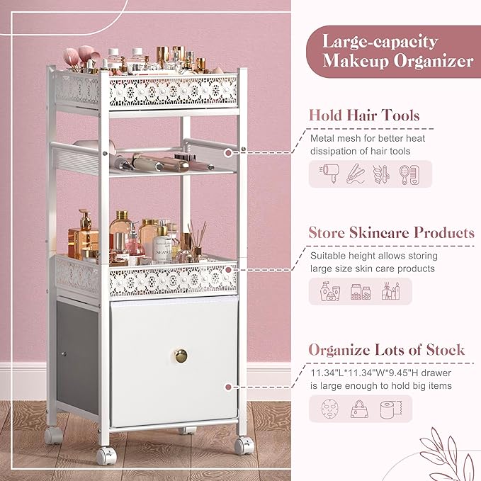 Makeup Organizer, Large Skincare Organizers, Make Up Organizers for Vanity, Makeup Storage Cosmetic Organizer with Drawer, Bathroom Vanity Organizer Makeup Holder Cart for Skin Care Hair Tool Beauty