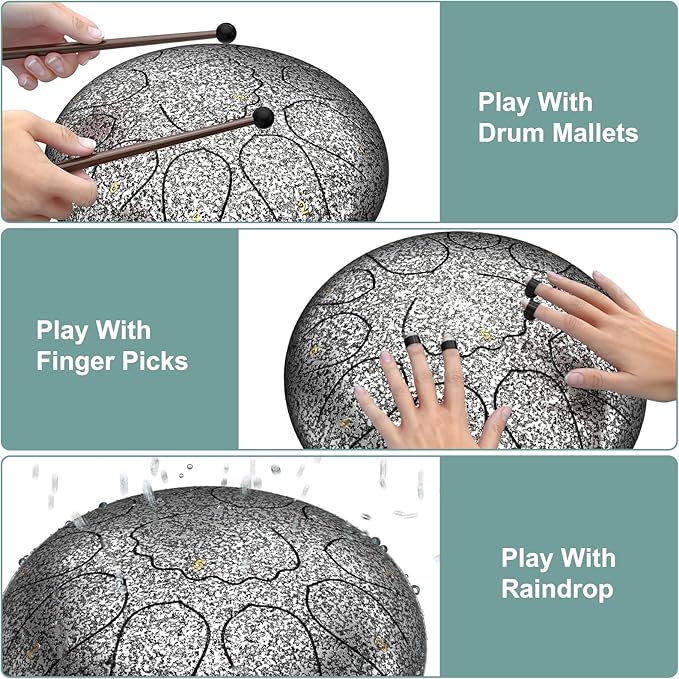 Rain Drum for Outside Garden, 8 Inches 11 Notes Steel Tongue Drum, Waterproof Meditation Rain Chime, Musical Instruments for Adult Gift with Bag, Music Book, Mallets (Star Sliver)