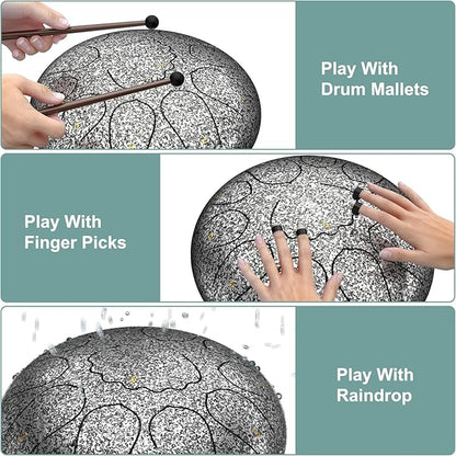 Rain Drum for Outside Garden, 8 Inches 11 Notes Steel Tongue Drum, Waterproof Meditation Rain Chime, Musical Instruments for Adult Gift with Bag, Music Book, Mallets (Star Sliver)