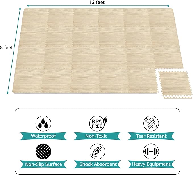 Sorbus Wood Grain Floor Tiles Foam Mat EVA Interlocking Mats Tile 3/8-Inch Thick Flooring Wood Puzzle Exercise Mats w/Borders - Home Playroom Basement, Apartment, Trade Show, Baby, Dance