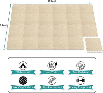 Sorbus Wood Grain Floor Tiles Foam Mat EVA Interlocking Mats Tile 3/8-Inch Thick Flooring Wood Puzzle Exercise Mats w/Borders - Home Playroom Basement, Apartment, Trade Show, Baby, Dance