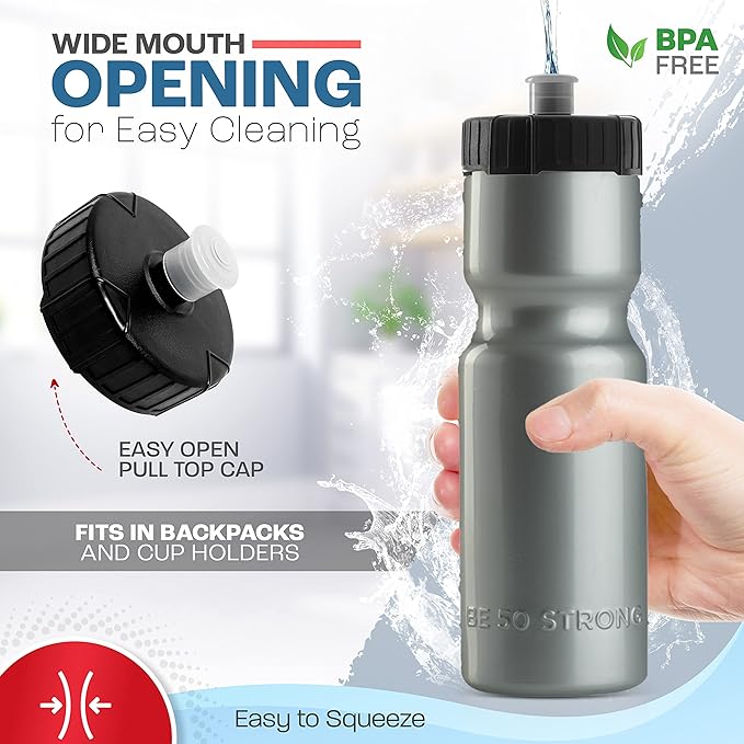 50 Strong Bulk Water Bottles | 24 Pack Sports Bottle | 22 oz. BPA-Free Easy Open with Pull Top Cap | Made in USA | Reusable Plastic Water Bottles for Adults & Kids | Top Rack Dishwasher Safe