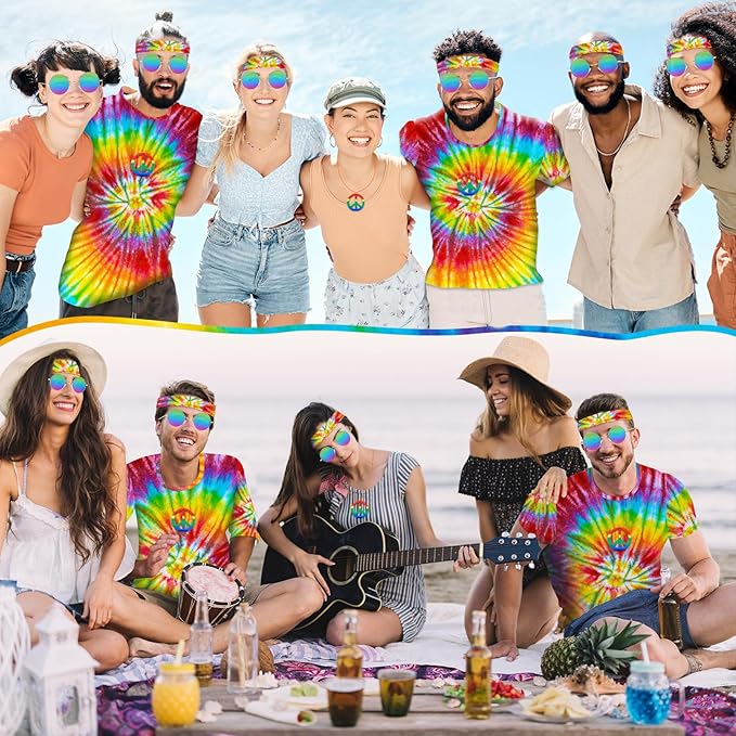 Hippie Costume for Men Women 4PCS Mens 60s 70s Outfit Set Colorful Hippie Shirt Sunglasses Headband Peace Necklace
