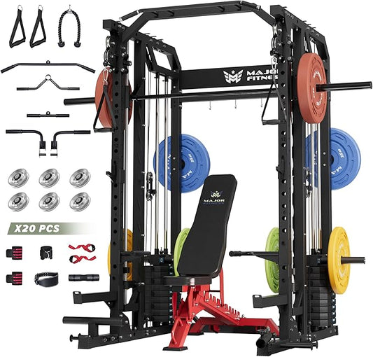 Major Fitness Smith△ Machine Drone2 Premium, All-in-One Home Gym Squat Rack with Aluminum Pulley Set , Weight Bar, Dual LAT Pull-Down Systems & Cable Crossover Machine for Full-Body Workouts