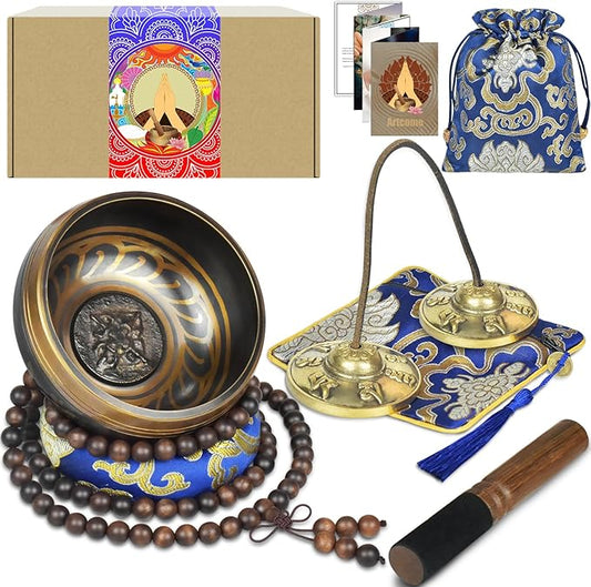 Artcome 7PCS Tibetan Meditation Set - Tibetan Singing Bowl & Tibetan Tingsha Cymbals Bells Handmade in Nepal for Meditation, Yoga, Tranquility, Relaxation, Chakra Healing, Stress Relief & Mindfulness