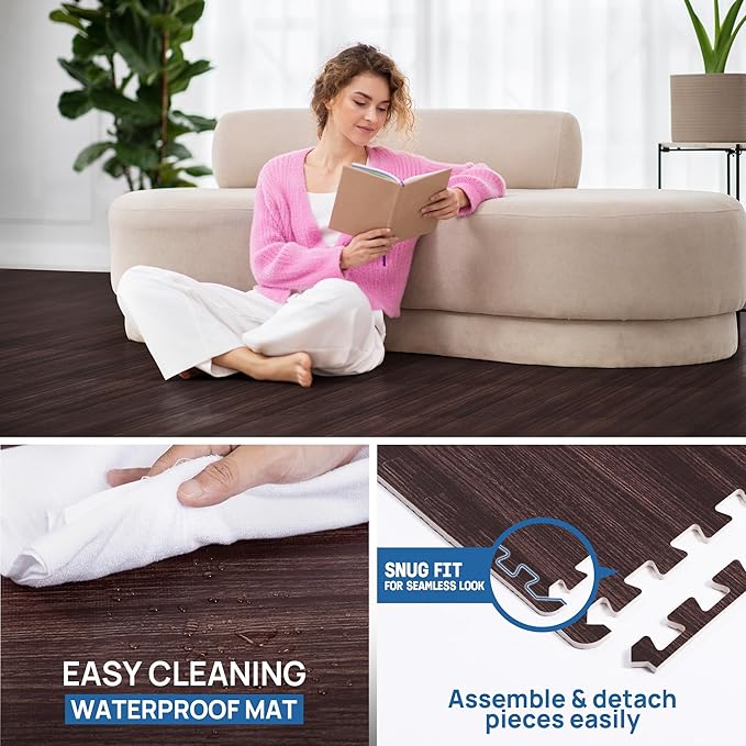 Yes4All 48SQ.FT Wood Grain Puzzle Exercise Mat Protective Flooring, EVA Interlocking Foam Floor Tiles with Border for Home