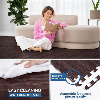 Yes4All 48SQ.FT Wood Grain Puzzle Exercise Mat Protective Flooring, EVA Interlocking Foam Floor Tiles with Border for Home