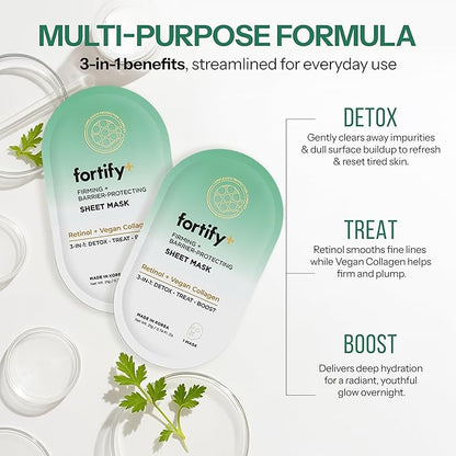 Fortify Skincare Face Mask with Retinol and Collagen - Dermatologist Tested, Anti Aging - Firming & Barrier Protecting - 3-in-1: Detox - Treat- Boost - Clean Beauty, Korean Skin Care, 5 Sheet Masks