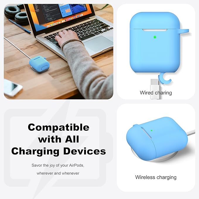 R-fun Compatible with AirPods Case Cover, Soft Silicone Protective Cover with Keychain for Women Men Compatible with Apple AirPods 2nd 1st Generation Charging Case, Front LED Visible,Light Blue