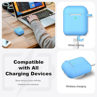 R-fun Compatible with AirPods Case Cover, Soft Silicone Protective Cover with Keychain for Women Men Compatible with Apple AirPods 2nd 1st Generation Charging Case, Front LED Visible,Light Blue