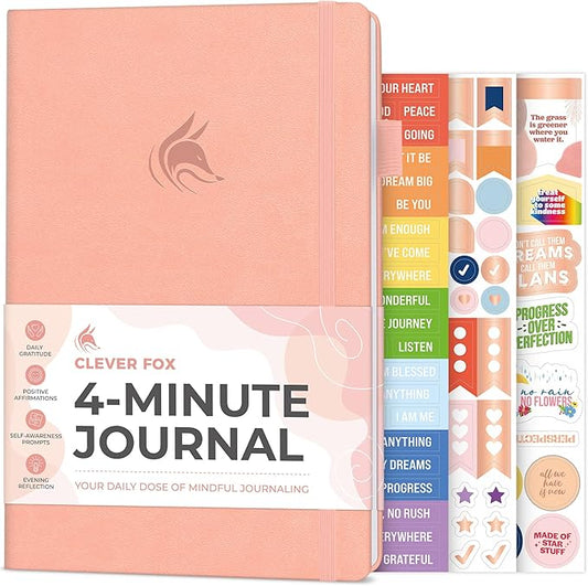 Clever Fox Four-Minute Journal – Daily Positivity Journal with Prompts – Motivational Affirmation, Mental Health & Habit Tracker (Light Pink)