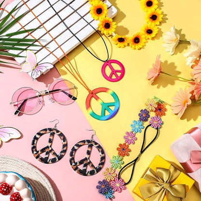 Remuuly 16 Pcs Hippie Costume Accessories for Women 60s 70s Accessory Set Includes Headband Hippie Sunglasses Peace Sign Earrings and Necklace Jewelry Outfits Men Women Costume Party Supplies