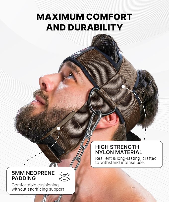 DMoose Fitness Neck Harness for Weight Lifting - Soft Padded Head & Chin Strap with 30" Heavy Duty Steel Chain - Neck Exerciser, Trainer & Strengthener to Support Injury Recovery and Intense Workouts
