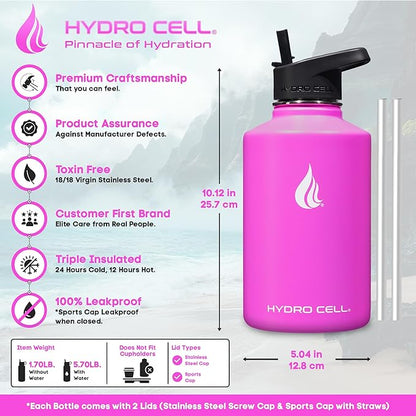 HYDRO CELL Stainless Steel Insulated Water Bottle with Straw - For Cold & Hot Drinks - Metal Vacuum Flask with Screw Cap and Modern Leakproof Sport Thermos for Adults (Fuchsia 64oz)