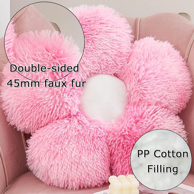 MorroMorn Flower Pillow Shaped Throw Pillows, 20" Floor Pillow Butt Cushion - Fluffy Shaggy Daisy Floral Decorative Pillows for Bed Couch Sofa Chair Cute Plush Faux Fur Room Decor (Pink)