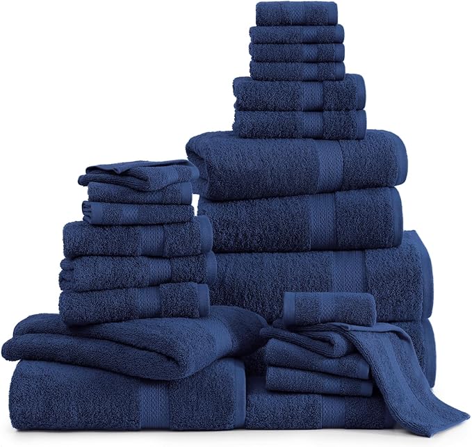 LANE LINEN 24 PC Premium Towel Set - 2 Bath Sheets, 4 Bath Towels, 4 Fingertip, 8 Washcloths, 6 Hand Towels - 100% Ringspun Cotton - Highly Absorbent Towels for Bathroom, Gym, Hotel & Spa - Navy Blue