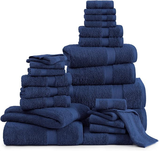 LANE LINEN 24 PC Premium Towel Set - 2 Bath Sheets, 4 Bath Towels, 4 Fingertip, 8 Washcloths, 6 Hand Towels - 100% Ringspun Cotton - Highly Absorbent Towels for Bathroom, Gym, Hotel & Spa - Navy Blue