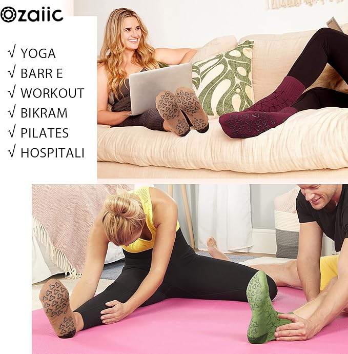 Ozaiic Non Slip Socks Grip for Yoga Home Workout Pure Barre, Pilates, Hospital, Ideal Cushion Socks for Men and Women