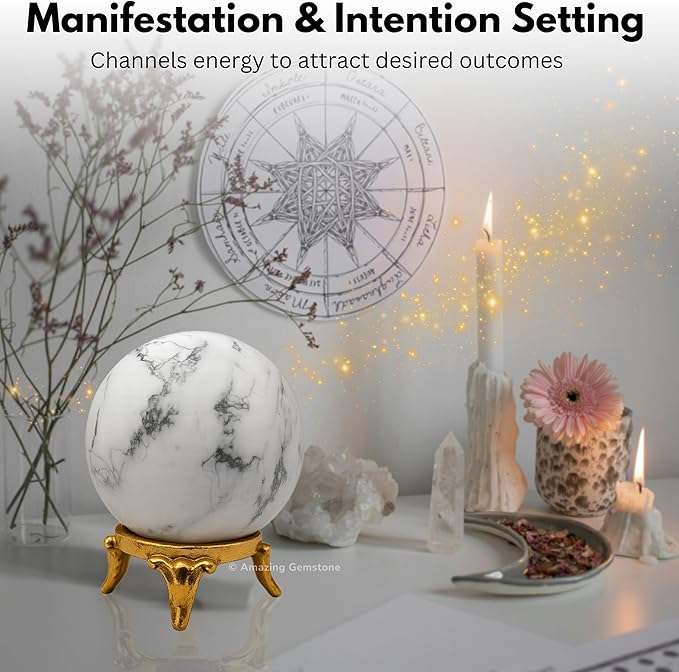 Amazing Gemstone Howlite Crystal Ball with Stand - 2 Inches Crystal Sphere Meditation Balls for Witchcraft and Decorative Balls