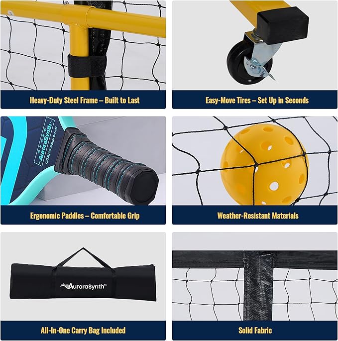 AuroraSynth Portable Pickleball Net Set with Wheels, 22 x 3ft Regulation Size Pickle Ball Net with Ball Collector, 4 Pickle Balls, 4 Pickleball Paddles, Carry Bag for Backyards, Driveway, Garage
