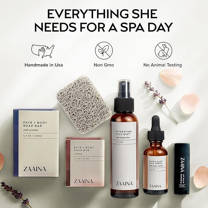 ZAAINA Spa Gift Basket for Women – Luxury Self Care Kit with Face Mist, Glow Serum, Soaps & Lip Balm – Natural Handmade Pampering Care Package for Women – Birthday & Relaxation Spa Basket (Deluxe Set)