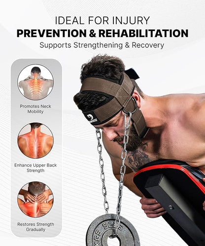 DMoose Fitness Neck Harness for Weight Lifting - Soft Padded Head & Chin Strap with 30" Heavy Duty Steel Chain - Neck Exerciser, Trainer & Strengthener to Support Injury Recovery and Intense Workouts