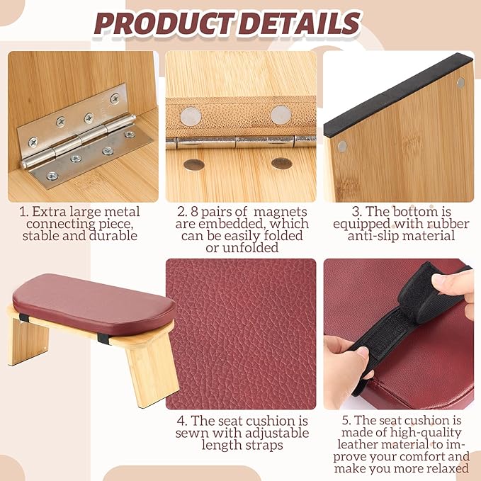Meditation Bench with Leather Cushion, Folding Bamboo Kneeling Stool with Locking Magnetic Hinges for The Perfect Posture Seiza Bench for Yoga, Travel, Pray, Zen Practice Stool