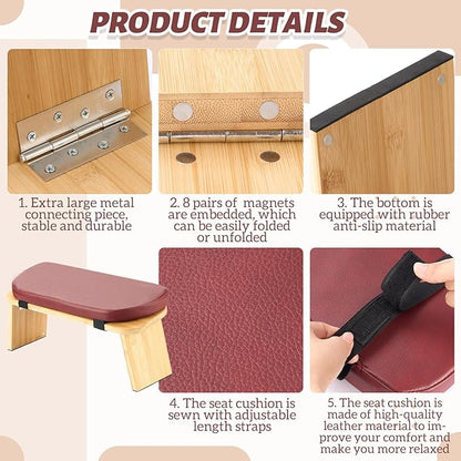 Meditation Bench with Leather Cushion, Folding Bamboo Kneeling Stool with Locking Magnetic Hinges for The Perfect Posture Seiza Bench for Yoga, Travel, Pray, Zen Practice Stool
