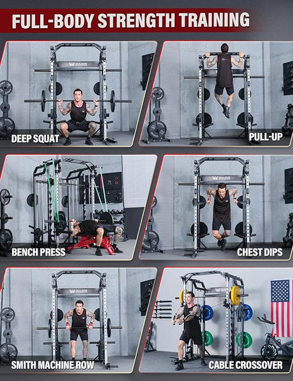 Major Fitness Smith△ Machine Drone2 Premium, All-in-One Home Gym Squat Rack with Aluminum Pulley Set , Weight Bar, Dual LAT Pull-Down Systems & Cable Crossover Machine for Full-Body Workouts