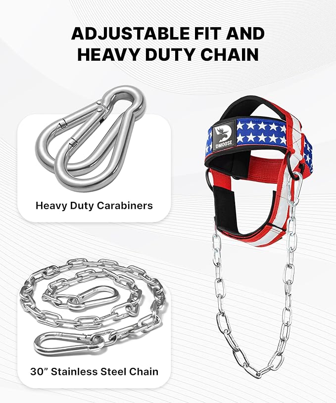 DMoose Fitness Neck Harness for Weight Lifting - Soft Padded Head & Chin Strap with 30" Heavy Duty Steel Chain - Neck Exerciser, Trainer & Strengthener to Support Injury Recovery and Intense Workouts