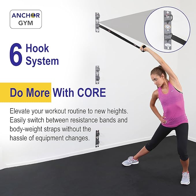 Anchor Gym Core Station - Wall Mount Workout Anchors for Resistance Band, Three Units with Two Hooks for Exercise Bands, Body Weight Straps, Strength Training - (Wood Mounting Screws Included)