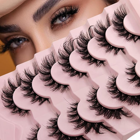 MIKIWI Fluffy False Eyelashes Crisscross Dramatic Faux Mink Eyelashes Wispy Cat Eye Lashes Volume Look 7 Pairs