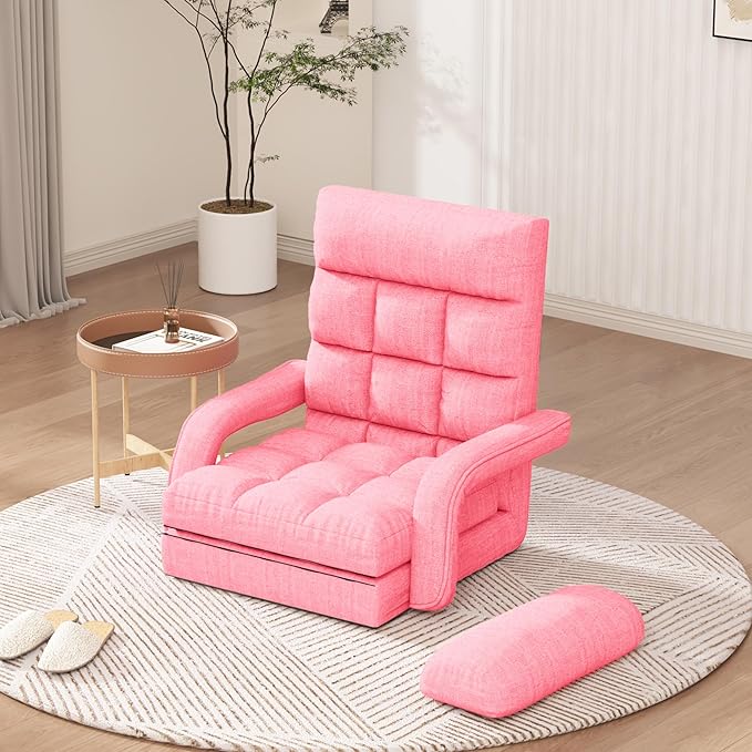 Adjustable Floor Gaming Chair for Adults, 6-Position Chaise Lounge Chair with Meditation Arm, Foldable Lazy Sofa with Pillow, Comfy Chair Indoor for Bedroom Dorm Living Room, Pink