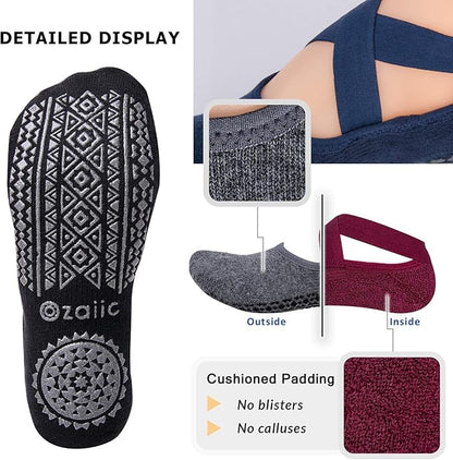 Ozaiic Yoga Socks for Women Non-Slip Grips & Straps, Ideal for Pilates, Pure Barre, Ballet, Dance, Barefoot Workout